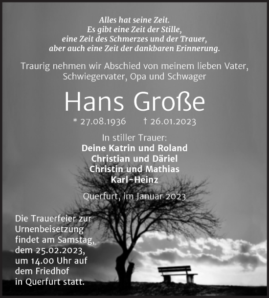 Traueranzeige von Hans Große von Trauerkombi Merseburg
