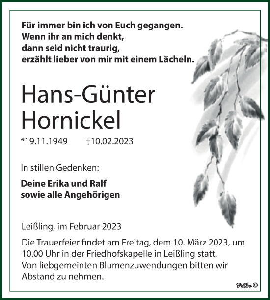 Traueranzeige von Hans-Günter Hornickel von Trauerkombi Weißenfels