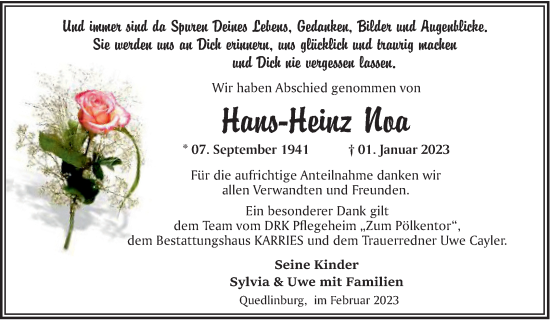 Traueranzeige von Hans-Heinz Noa von Trauerkombi Quedlinburg