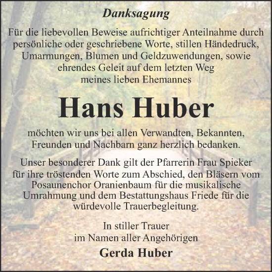 Traueranzeige von Hans Huber von Trauerkombi Dessau