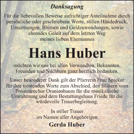 Traueranzeige von Hans Huber von Trauerkombi Dessau