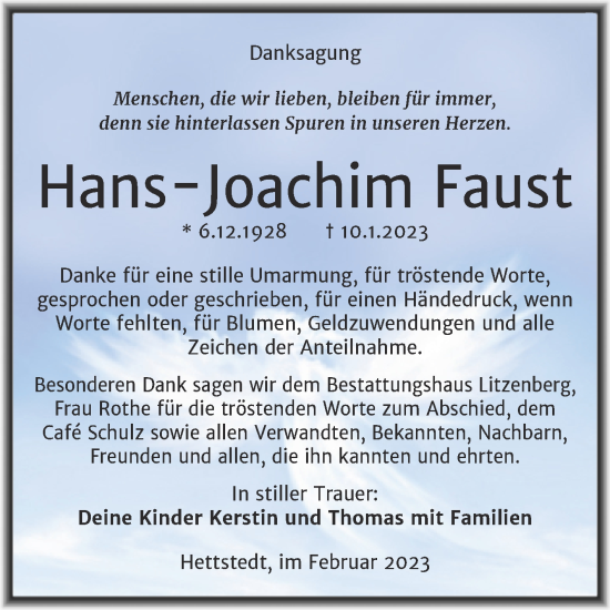 Traueranzeige von Hans-Joachim Faust von Trauerkombi Mansfelder Land