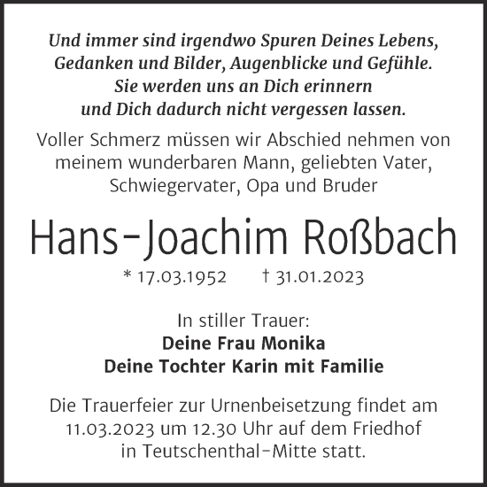 Traueranzeige von Hans-Joachim Roßbach von Mitteldeutsche Zeitung Halle/Saalkreis