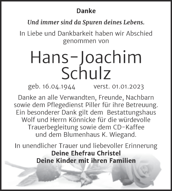 Traueranzeige von Hans-Joachim Schulz von Trauerkombi Weißenfels