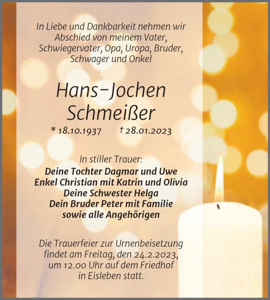 Traueranzeige von Hans-Jochen Schmeißer von Trauerkombi Mansfelder Land