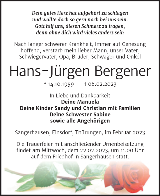 Traueranzeige von Hans-Jürgen Bergener von Trauerkombi Sangerhausen