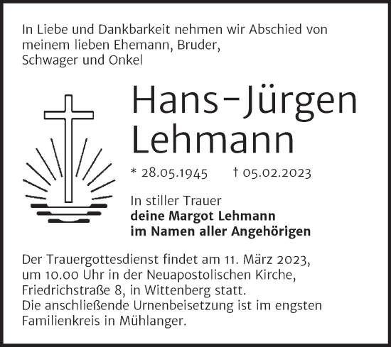 Traueranzeige von Hans-Jürgen Lehmann von Trauerkombi Wittenberg