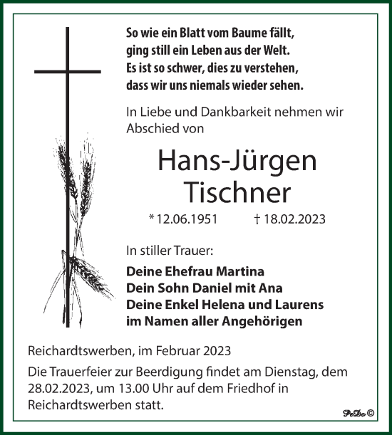 Traueranzeige von Hans-Jürgen Tischner von Trauerkombi Weißenfels