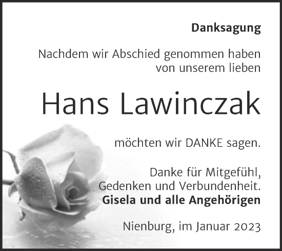 Traueranzeige von Hans Lawinczak von Trauerkombi Bernburg