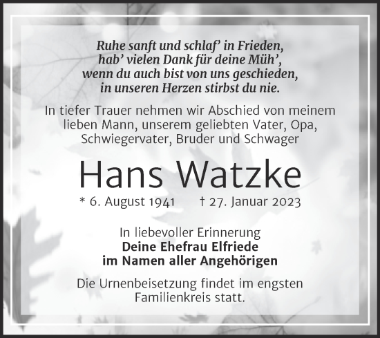 Traueranzeige von Hans Watzke von Trauerkombi Merseburg
