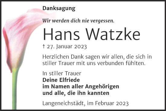 Traueranzeige von Hans Watzke von Trauerkombi Merseburg