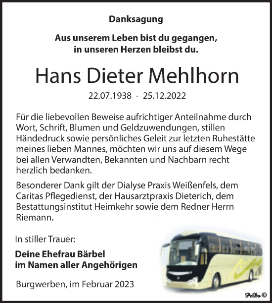 Traueranzeige von Hans Dieter Mehlhorn von Trauerkombi Weißenfels