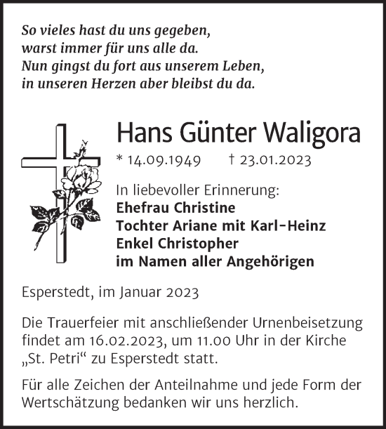 Traueranzeige von Hans Günter Waligora von Trauerkombi Merseburg
