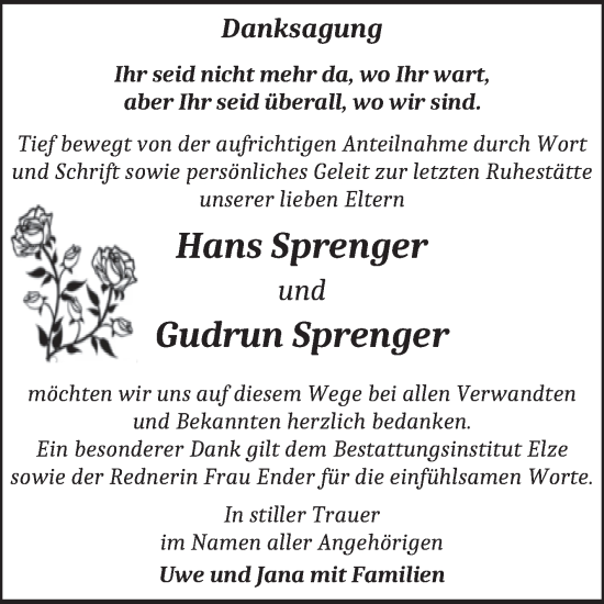Traueranzeige von Hans und Gudrun Sprenger von Trauerkombi Dessau