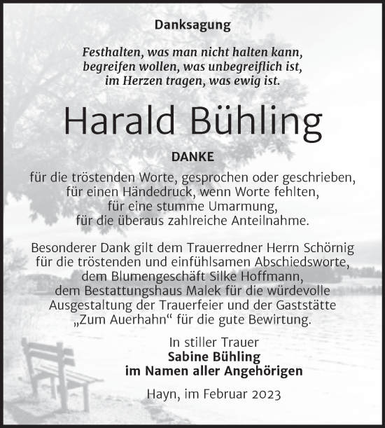Traueranzeige von Harald Bühling von Trauerkombi Quedlinburg