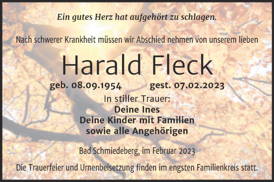 Traueranzeige von Harald Fleck von Trauerkombi Wittenberg