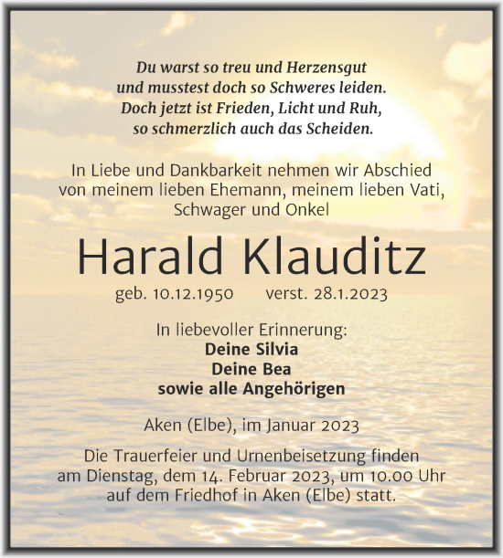 Traueranzeige von Harald Klauditz von Trauerkombi Köthen