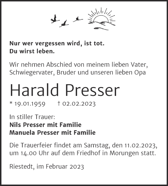 Traueranzeige von Harald Presser von Mitteldeutsche Zeitung Sangerhausen