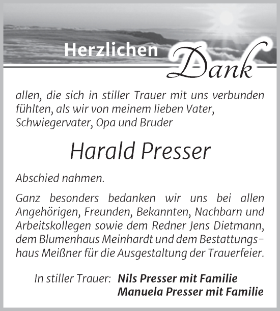 Traueranzeige von Harald Presser von Trauerkombi Sangerhausen