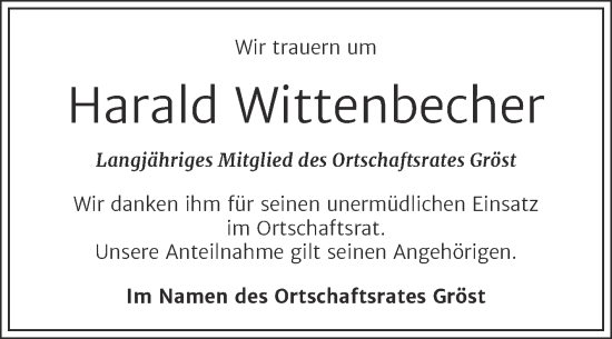 Traueranzeige von Harald Wittenbecher von Super Sonntag Merseburg/Querfurt