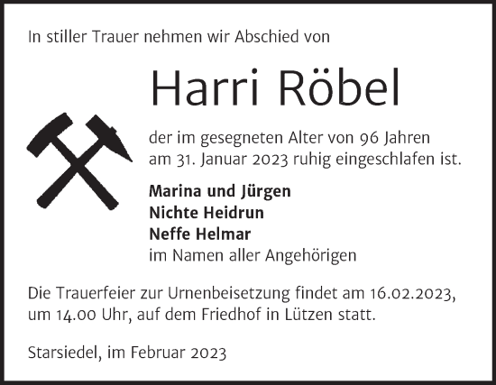 Traueranzeige von Harri Röbel von Trauerkombi Weißenfels