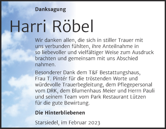 Traueranzeige von Harri Röbel von Trauerkombi Weißenfels