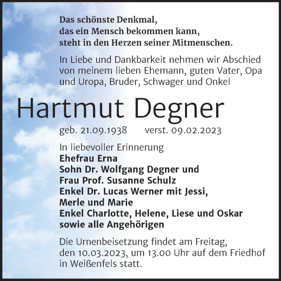 Traueranzeige von Hartmut Degner von Trauerkombi Weißenfels