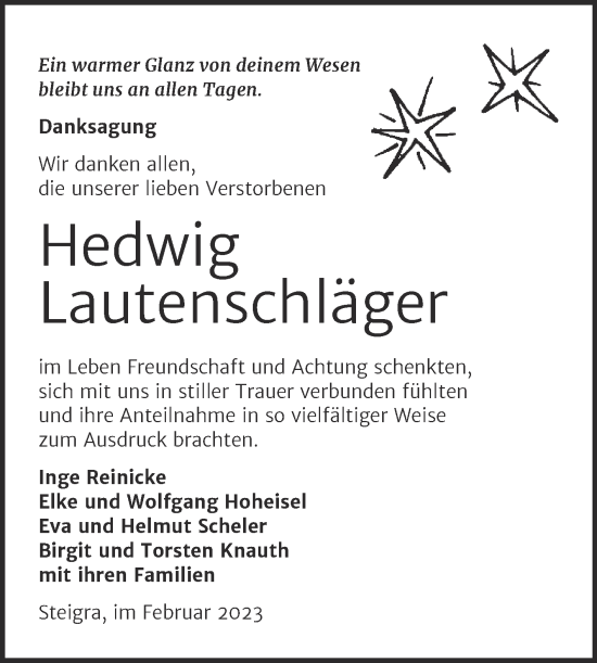 Traueranzeige von Hedwig Lautenschläger von Trauerkombi Merseburg