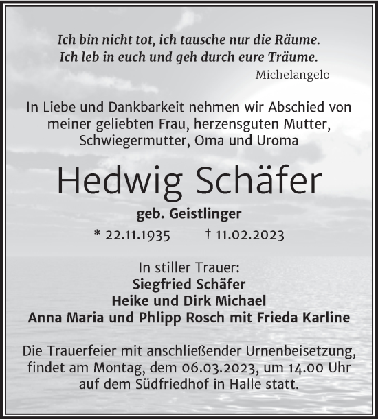 Traueranzeige von Hedwig Schäfer von Mitteldeutsche Zeitung Halle/Saalkreis