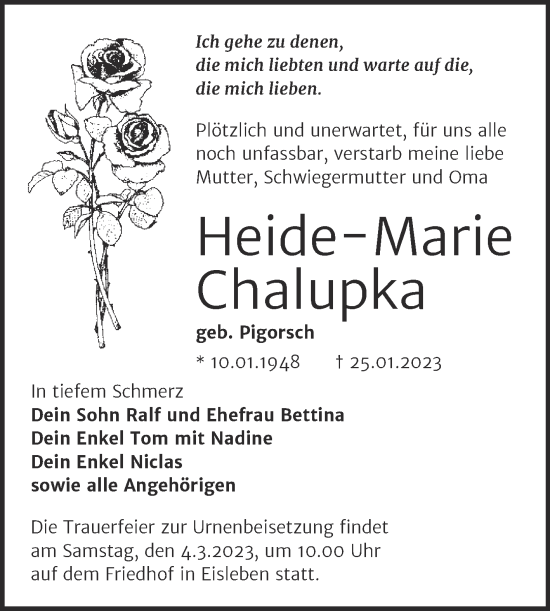 Traueranzeige von Heide-Marie Chalupka von Trauerkombi Mansfelder Land
