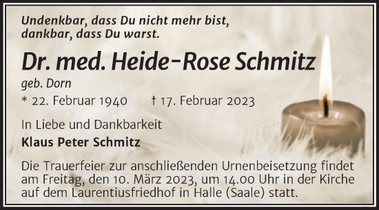 Traueranzeige von Heide-Rose Schmitz von Mitteldeutsche Zeitung Halle/Saalkreis