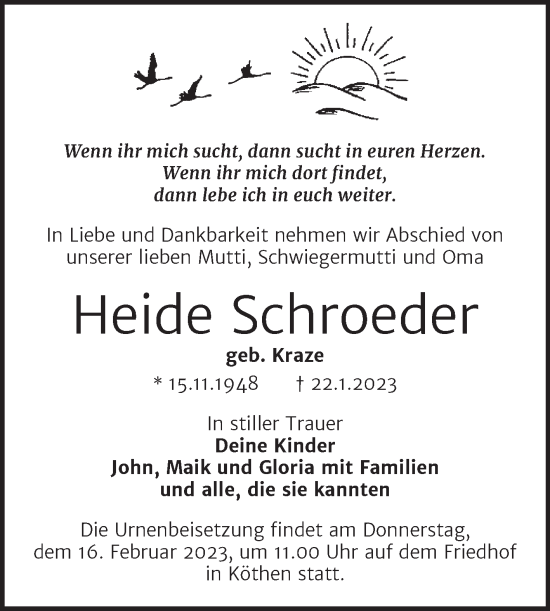 Traueranzeige von Heide Schroeder von Trauerkombi Köthen