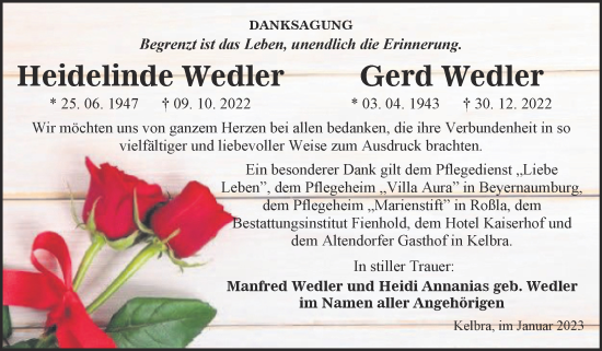 Traueranzeige von Heidelinde und Gerd Wedler von Trauerkombi Sangerhausen
