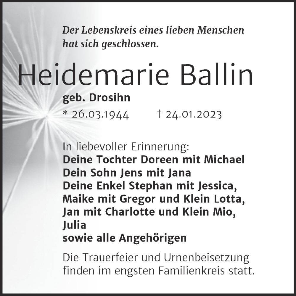  Traueranzeige für Heidemarie Ballin vom 04.02.2023 aus Trauerkombi Aschersleben