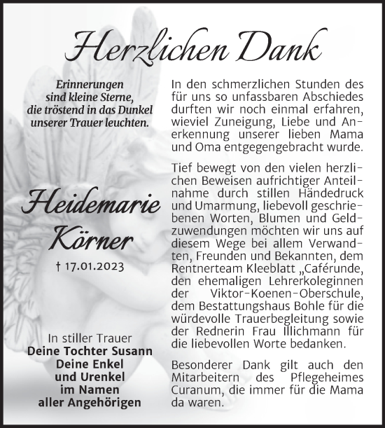 Traueranzeige von Heidemarie Körner von Trauerkombi Merseburg