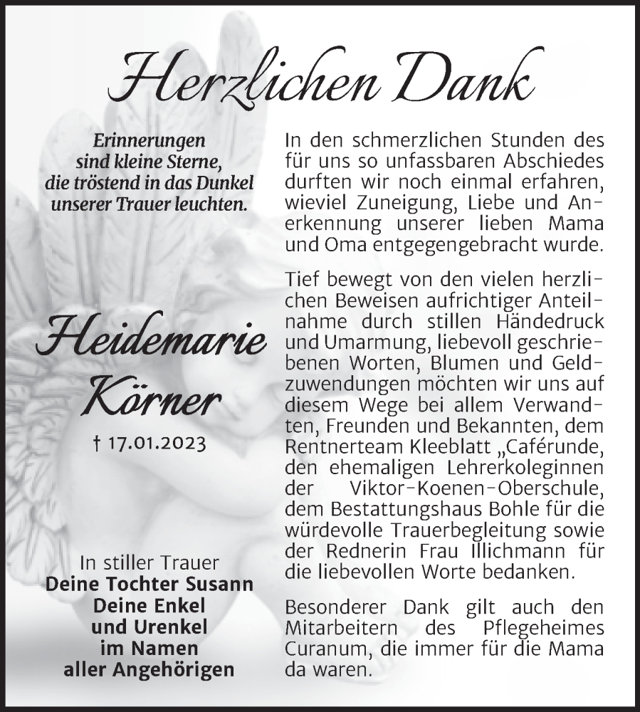  Traueranzeige für Heidemarie Körner vom 25.02.2023 aus Trauerkombi Merseburg