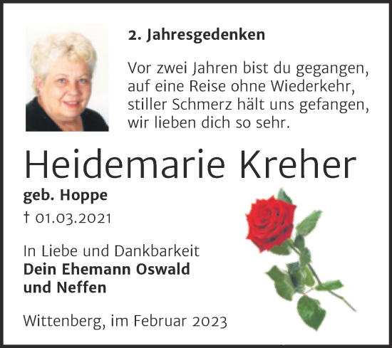 Traueranzeige von Heidemarie Kreher von Trauerkombi Wittenberg