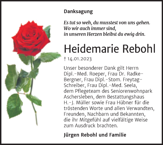 Traueranzeige von Heidemarie Rebohl von Trauerkombi Aschersleben