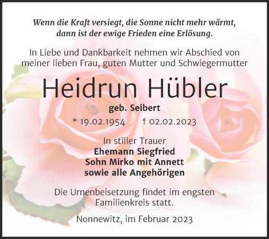Traueranzeige von Heidrun Hübler von Trauerkombi Zeitz