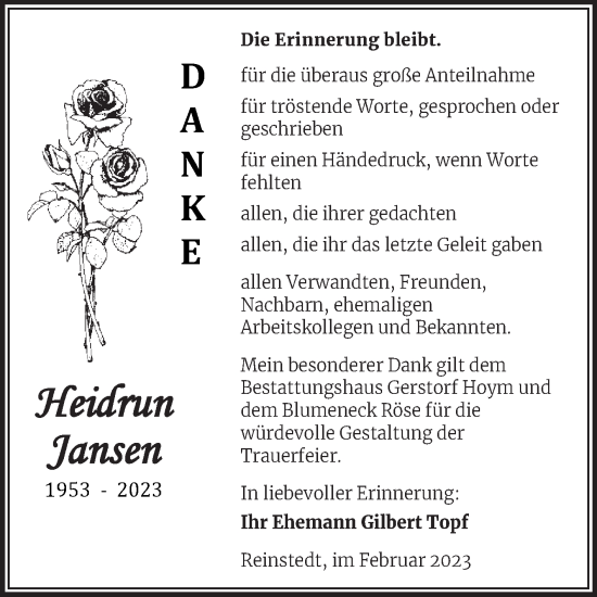 Traueranzeige von Heidrun Jansen von Trauerkombi Aschersleben