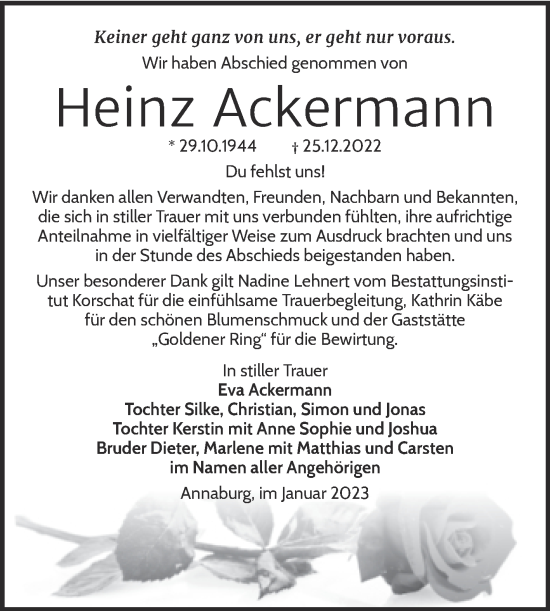 Traueranzeige von Heinz Ackermann von Trauerkombi Wittenberg