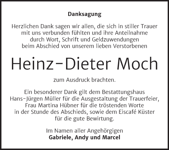 Traueranzeige von Heinz-Dieter Moch von Trauerkombi Aschersleben