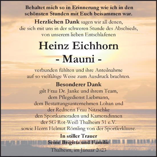 Traueranzeige von Heinz Eichhorn von Trauerkombi Bitterfeld