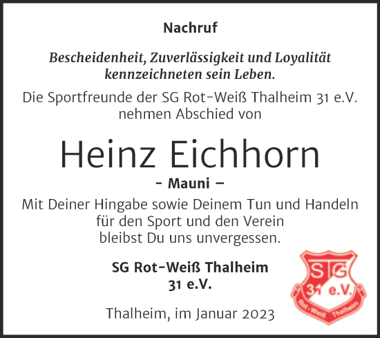 Traueranzeige von Heinz Eichhorn von Trauerkombi Bitterfeld