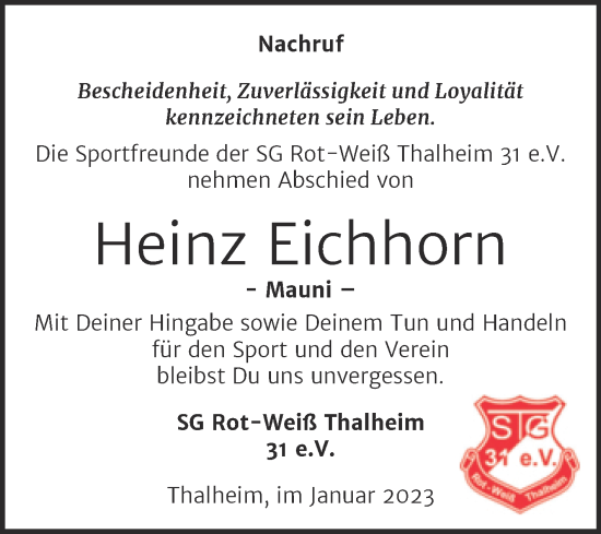 Traueranzeige von Heinz Eichhorn von Trauerkombi Bitterfeld