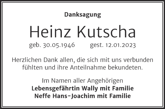 Traueranzeige von Heinz Kutscha von Trauerkombi Köthen