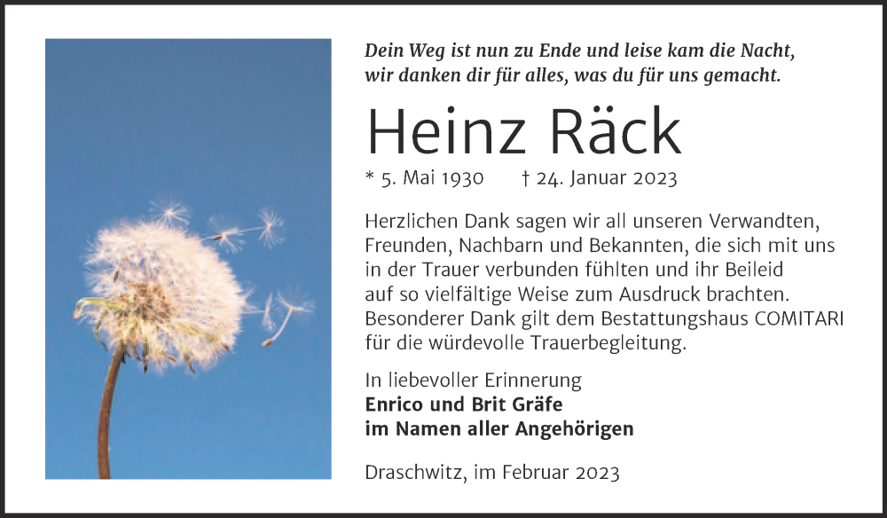  Traueranzeige für Heinz Räck vom 18.02.2023 aus Trauerkombi Zeitz
