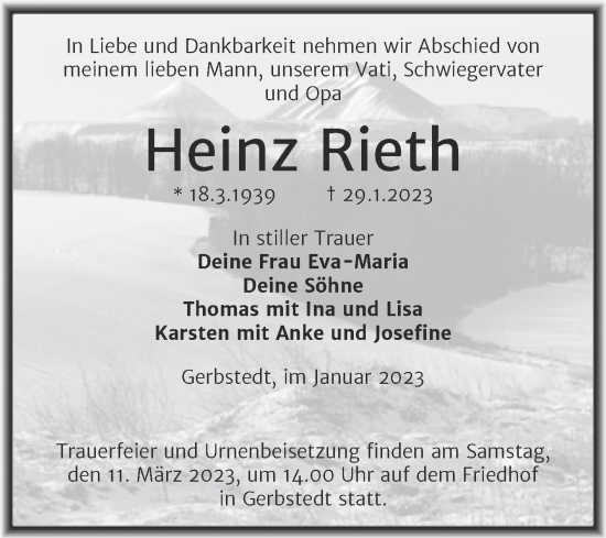 Traueranzeige von Heinz Rieth von Trauerkombi Mansfelder Land