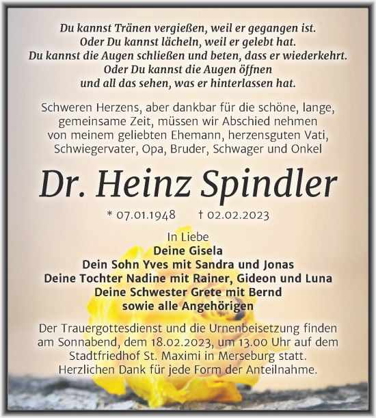 Traueranzeige von Heinz Spindler von Trauerkombi Merseburg