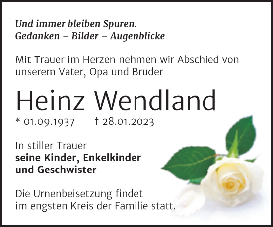 Traueranzeige von Heinz Wendland von Trauerkombi Bernburg